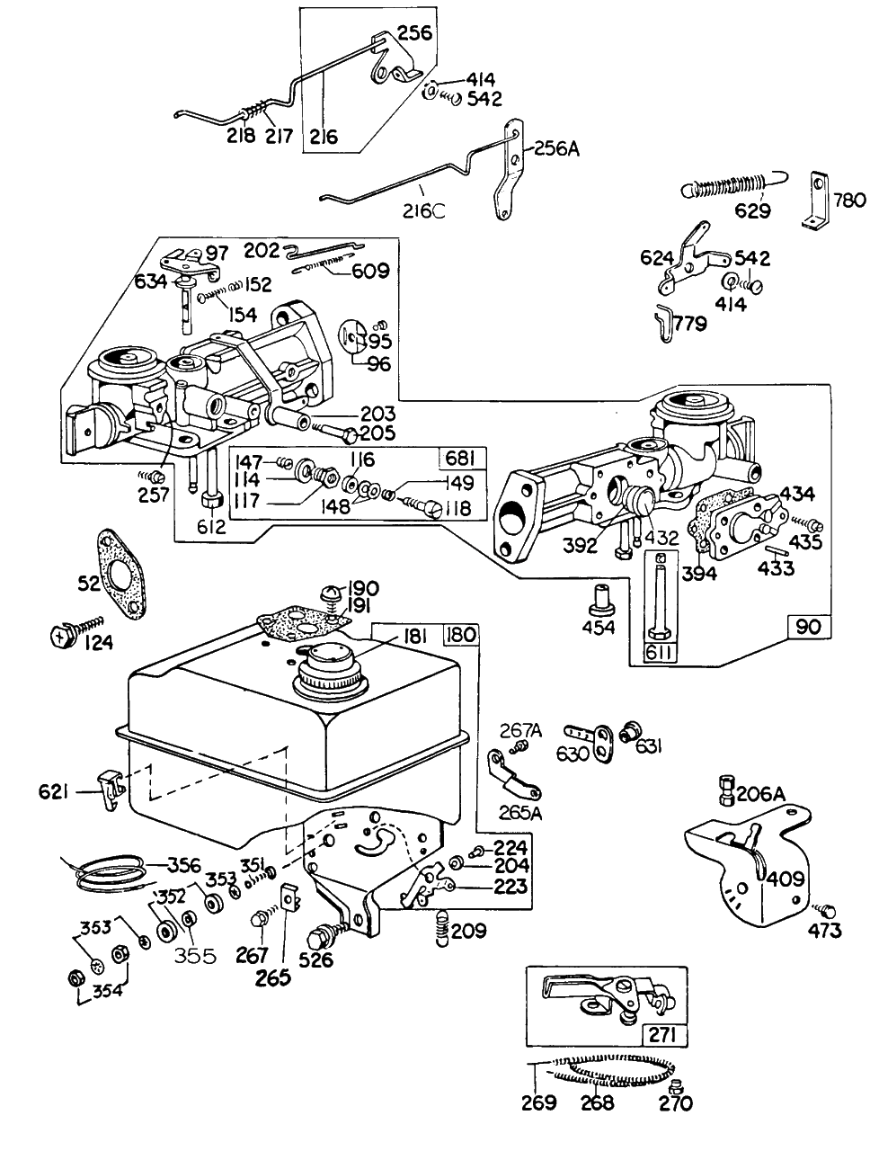 Carburetor And Fuel Tank Assembly Diagram and Parts List for  Briggs and Stratton Engine